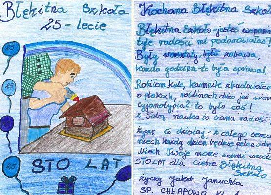str.1 ilustracja z zajęć-skrecanie budek lęgowych, w dole "STO-lat", str.2 życzenia-treść  w linku