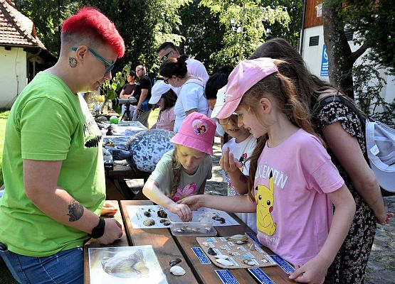 Stoisko: "Małże Bałtyku i nietylko..." Psani i 3 dziewczynki oglądają muszle Bałtyckich małży i ślimaków