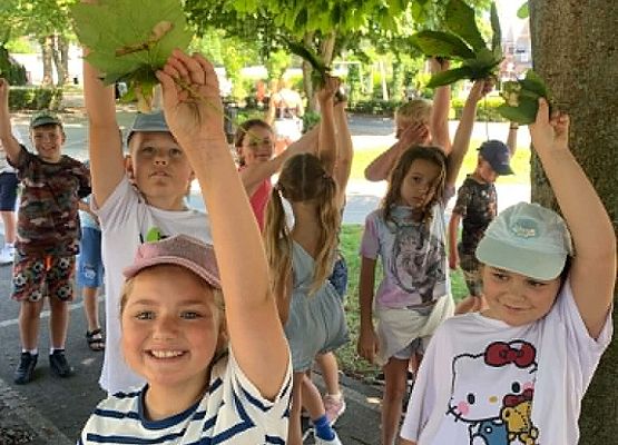 Grupa dzieci pod drzewem, trzymając ręce w górze pokazuje zebrane liście drzew