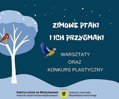 Plakat akcji edukacyjnej "Zimowe ptaki i ich przysmaki" grafika