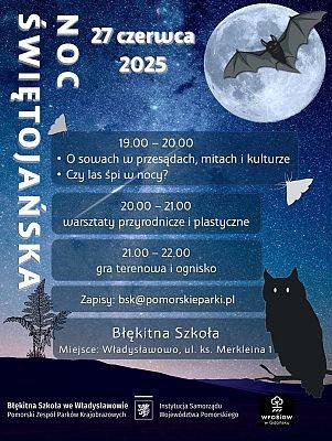 Ilustracja gwieździestej nocy w kolorach: granat, czarny, szary. Nietoperz na tle księżyca,sowa,ćmy